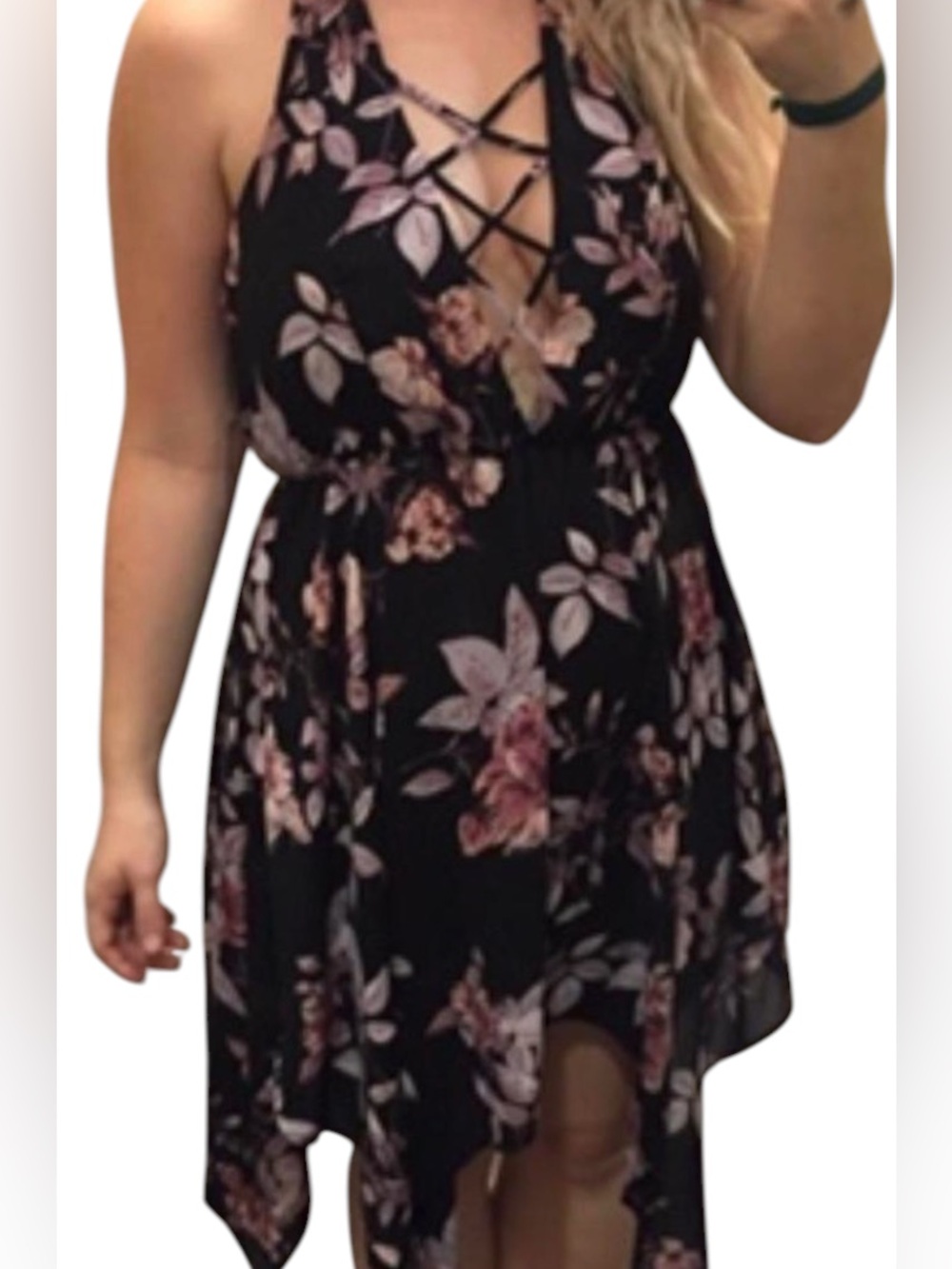 Charlotte Russe~Handkerchief Hem Dress~ Lace-up, Plunging Neckline~Flowy & Light